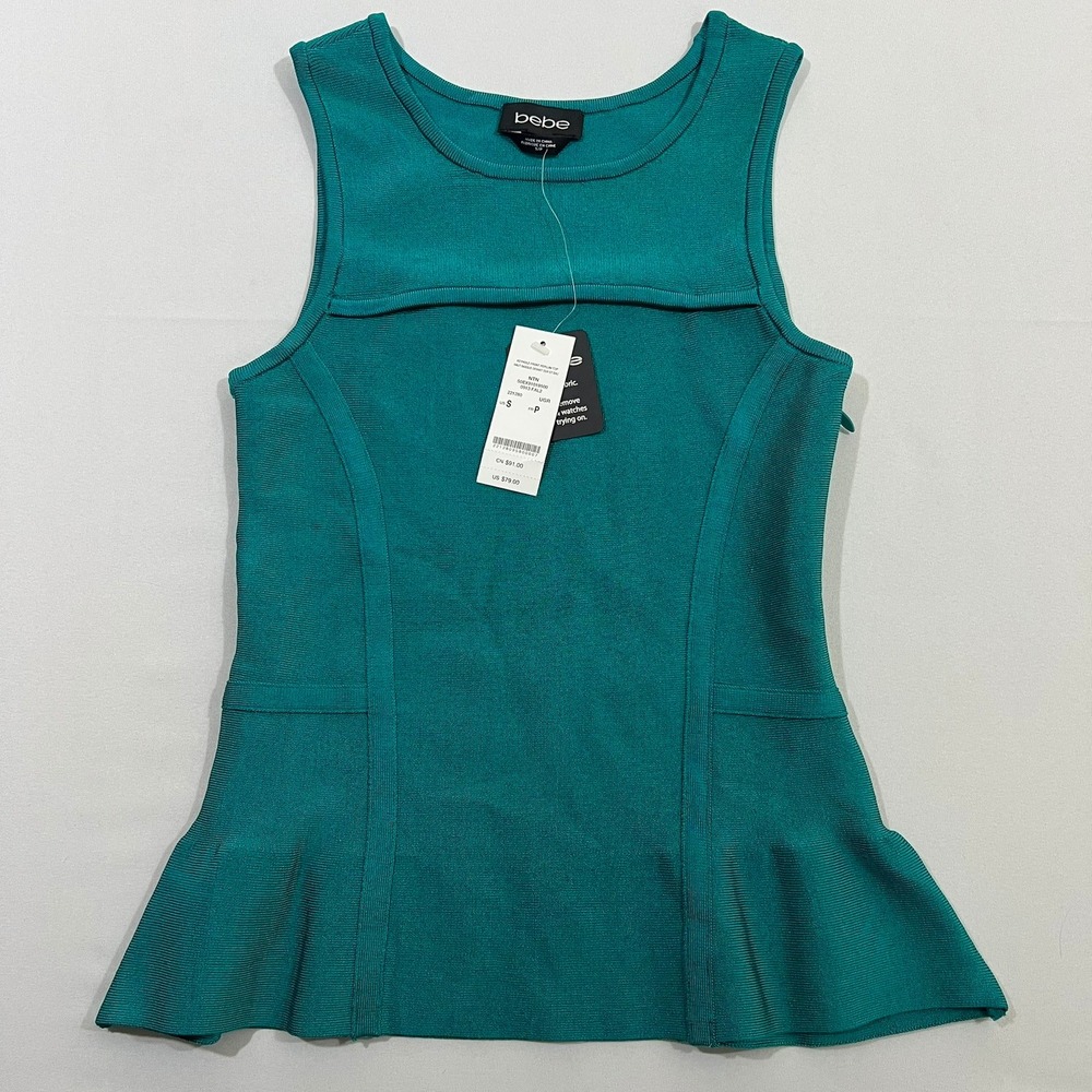 Bebe Peplum Top Keyhole Front Bandage‎ Knit Teal Green Bodycon Womens Size S NEW